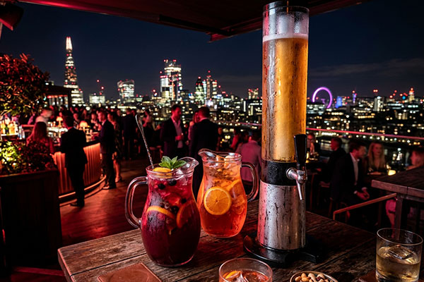 A large pitcher of vibrant blue Bullfrog cocktail alongside a pitcher of Long Island iced tea with lime garnishes.